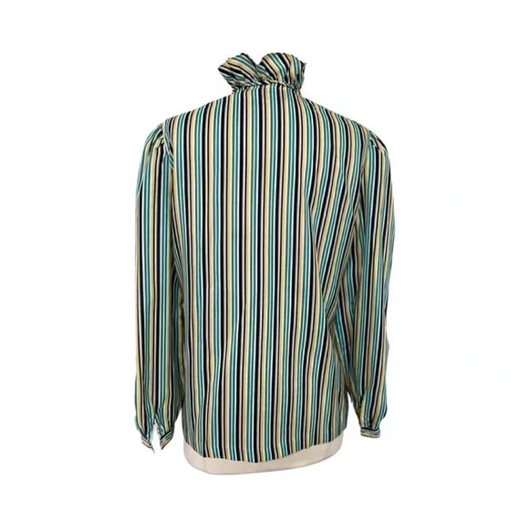 EUC Unique Vintage 70s/80s Ruffle Mock Neck Striped Button Down Blouse Women’s L - Picture 6 of 12